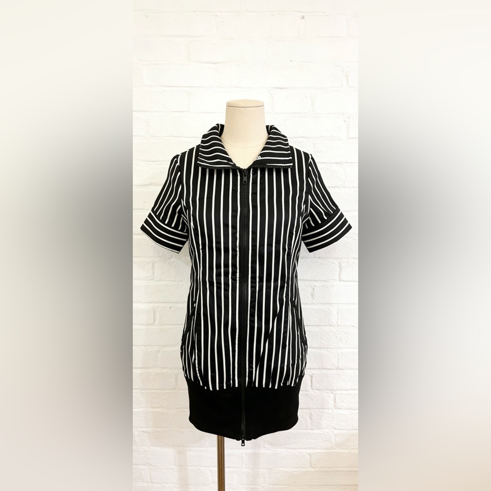 Japan Shibuya 109 Black and White Striped Zip-Up Bodycon Longline Shirt Dress